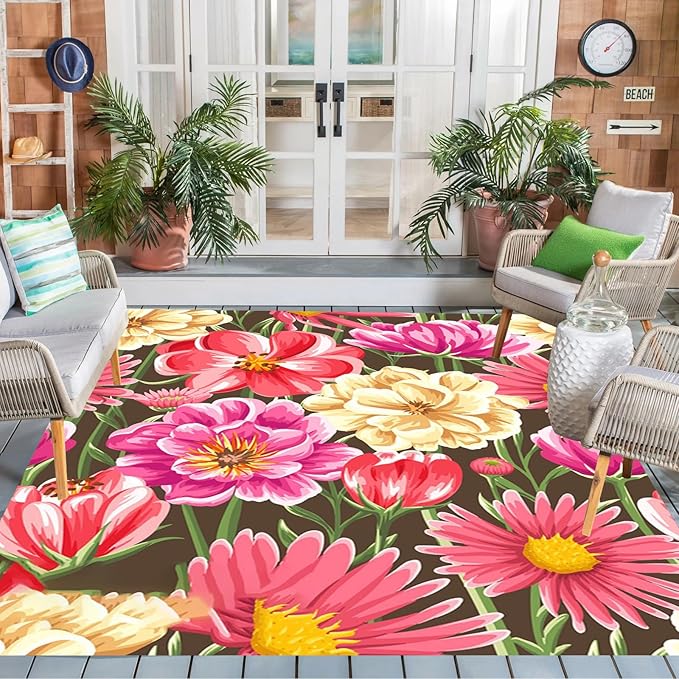Vibrant Floral Outdoor Rug Modern Flower Texture Rugs for Patio Deck Porch Balcony Waterproof Non Slip Camping Garden Large Outside Carpet Easy Clean Machine Washable Pool Mat Pink 10x12