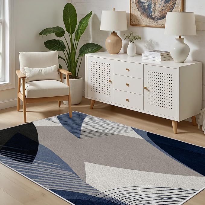 Abstract Art Line Living Room Area Rugs 3x5, Modern Boho Geometric Print Soft Rug, Minimalist Washable Non Slip Neutral Carpet for Bedroom, Dining Room Office Playroom, Navy Blue Gray