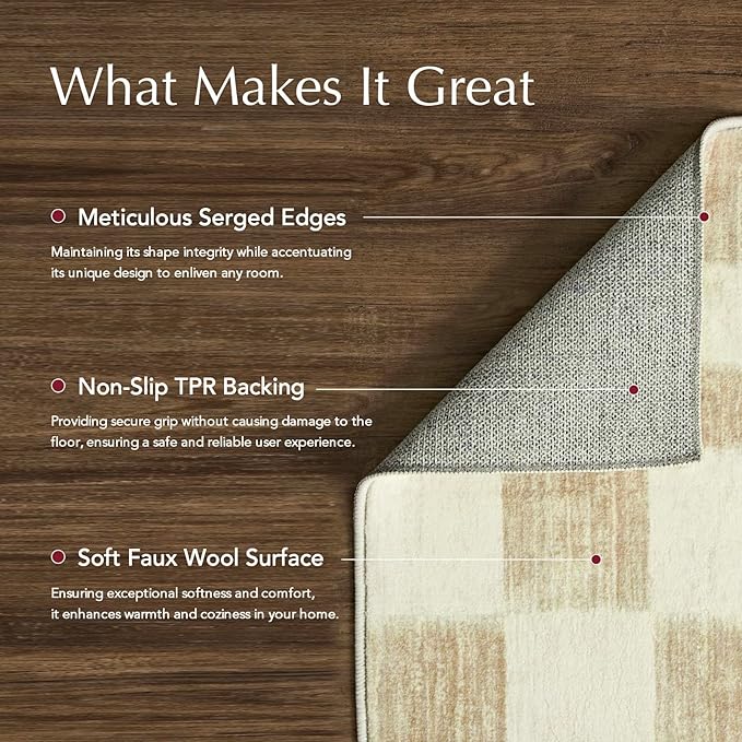 EVERGRACE Checkered Plaid Area Rug 6x9, Soft Faux Wool Rugs Washable Anti Slip Rugs Large Rug Carpet for Entryway Bedroom Living Room Hallway Kitchen Dining Room and Laundry Room, Beige