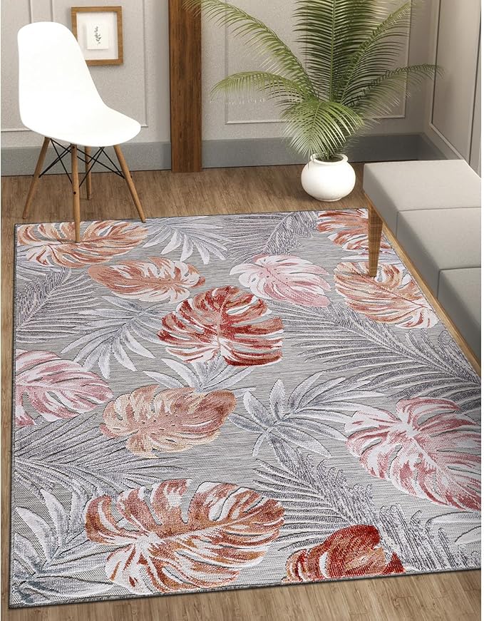 CAMILSON Indoor Outdoor Rug, Multi Color 6’x9’ Leaf Tropical Botanical Area Rugs for Indoor and Outdoor patios, Easy-Cleaning Non-Shedding Living Room, Garden and Kitchen Washable Outside Carpet (6x9)