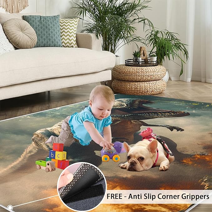 Dinosaurs Rugs for Bedroom - 6x8 Area Rug - Flame Dinosaurs Rugs for Living Room, Forest Landscape Rug, Washable Home Decor Carpet