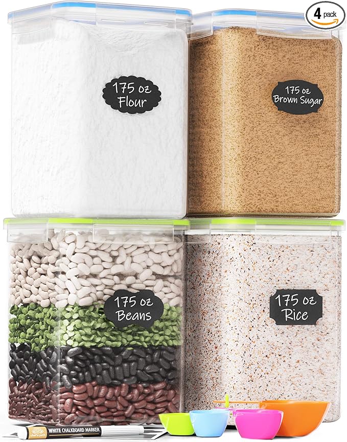 Chef's Path Kitchen Storage Box Set of 4 Extra Large Airtight Food Storage Jars for Sugar Flour Cereal Rice - Measuring Spoons, Pen and Food Preservation Labels (5.2 L)