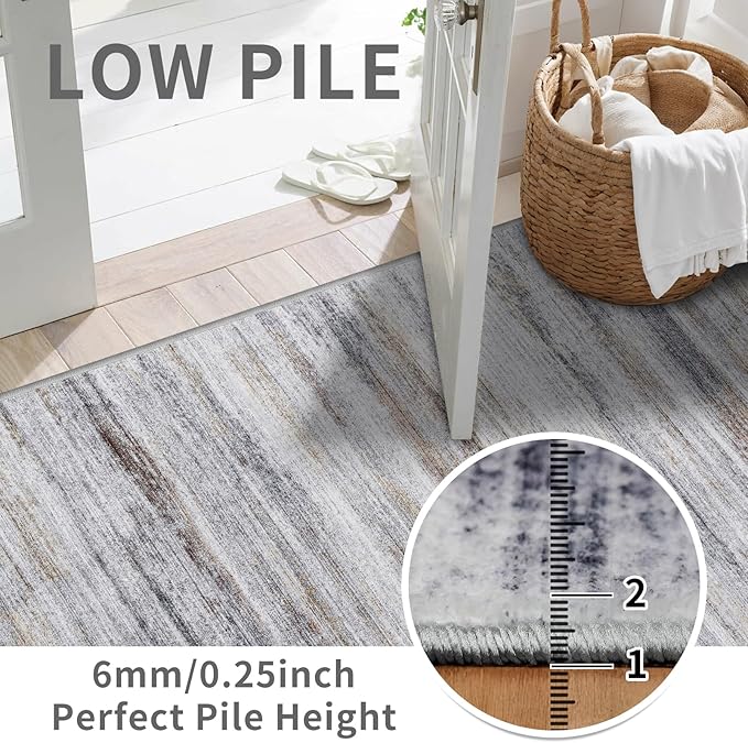 6x12 Runner Rug for Wide Hallway: Long Washable Area Rugs for Living Room Dining Room Office - Stain and Water Resistant Runners with Non-Slip Backing - Soft Low-Pile Thin Carpet Beige Grey