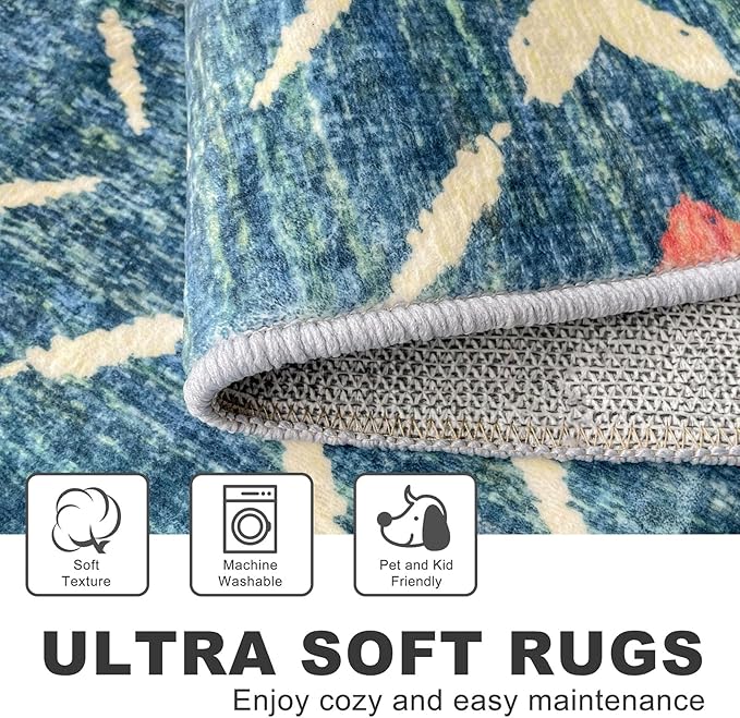 KILOCOCO Area Rug 4'x6' Entryway Rug Washable Bedroom Rug Non Slip Printed Boho Rubber Backed Low-Pile Soft Rugs for Kitchen Living Room Dining Geometric Moroccan Carpet, Teal/Blue