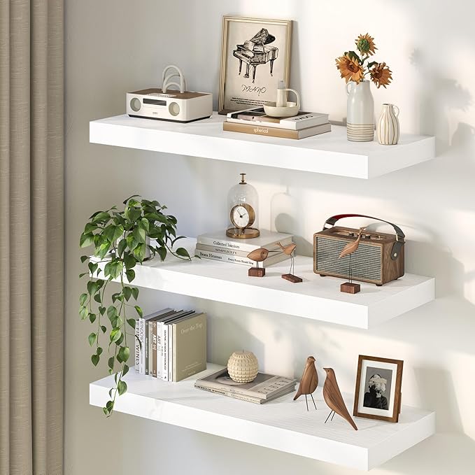 36Inch White Floating Shelves for Wall, 12 Inch Deep Shelves for Bedroom