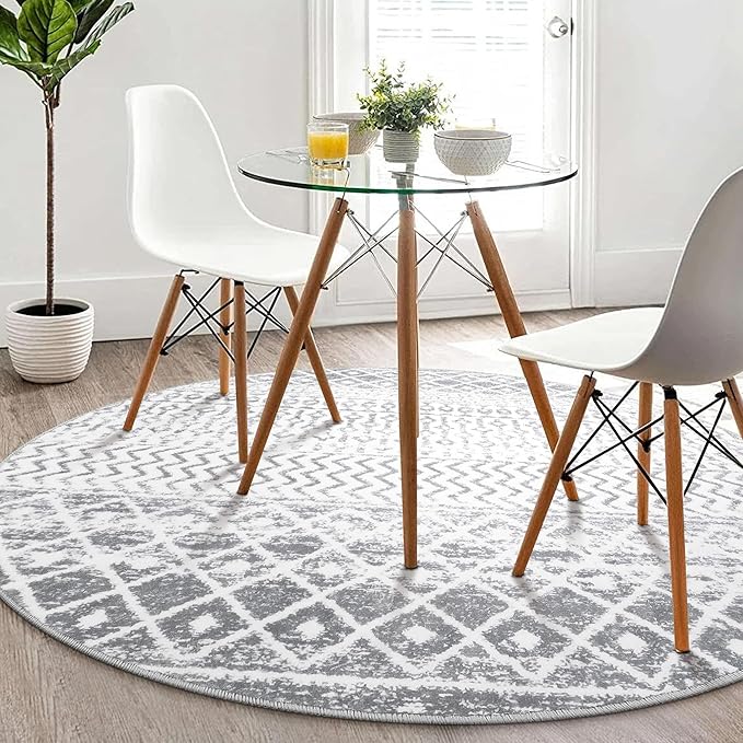 Grey Round Rug for Living Room, 5ft Soft Non-Slip Circle Large Area Rug, Modern Geometric Washable Dining Room Mat Throw Rug for Dorm Bedroom Nursery Entryway