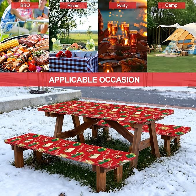 Picnic Table Cover with Bench Covers Set of 3, Elastic Fitted Tablecloth for 6 Foot Tables, Washable Polyester Tablecloths for Camping, Indoor & Outdoor
