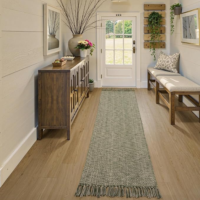 Collive Long Hallway Runner Rug 2.6' x 10', Washable Runner Indoor Entryway Runner Rug, Braided Woven Kitchen Runner Rugs Natural/Green Reversible Bedroom Carpet for Laundry Room Doorway