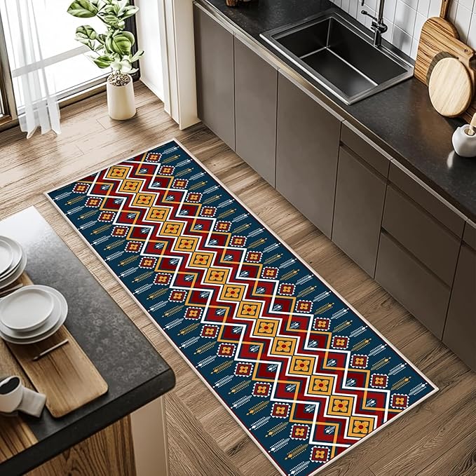 Dark Blue Runner Rug, 2.6x7ft Red Yello Diamond Hallway Decor Carpet, Corridor & Foyer Long Accent Rug, Entrance Non-Slip Mat Washable Rugs, Southwestern Stylish Home Decor Runner