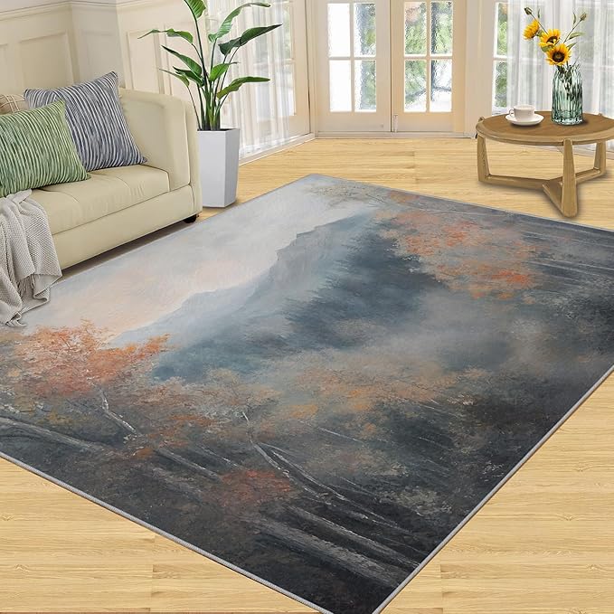 3x6 Autumn Forest Bedroom Rug Under Bed - Mountain Scenery Kids Room Rugs, Oriental Charm Bedroom Runner Rug Soft Washable for Living Room Kitchen