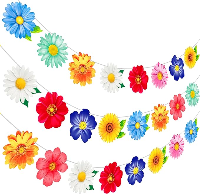 2pcs Colorful Daisy Flower Garland Banner, Spring Summer Floral Bunting Hanging Decor for Birthday Baby Shower Wedding Garden Tea Pool Party Supplies