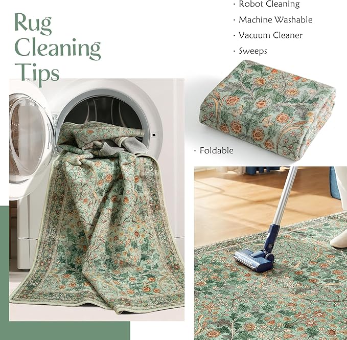 MUJOO Green 5x7 Area Rugs,Floral Washable Rug for Living Room Bedroom Office Dining Room,Large Throw Carpet,Boho Non Slip Indoor Floor Big Soft Botanical Vintage Ultra-Thin