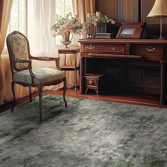 jinchan Washable Area Rug 6x9 for Living Room - Soft Faux Wool Ultra-Thin Stain Resistant Non-Slip Distressed Vintage Floral Rug Large Carpet for Bedroom,Dining Room,Home Office,Nursery(Green, 6'x9')