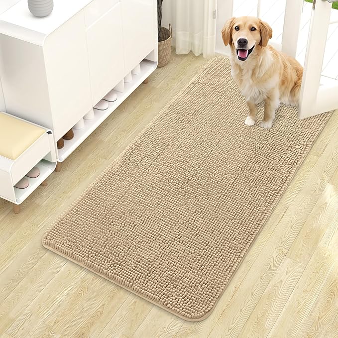 OLANLY Dog Door Mat for Muddy Paws 44x24, Absorbs Moisture and Dirt, Absorbent Non-Slip Washable Doormat, Quick Dry Chenille Mud Mat for Dogs, Entry Indoor Entryway Carpet for Inside Floor, Beige