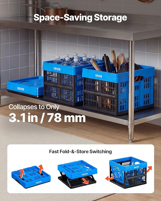 VEVOR Plastic Collapsible Storage Bins, 25L 3 Packs, Stackable Folding Storage Crates with Handles, Holds 22 lbs Per Bin, Foldable Heavy Duty Containers, Space-Saving Baskets, for Home Organizing