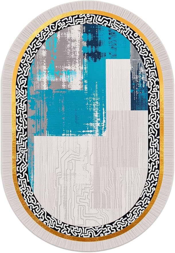 Vintage Luxury Grey Blue Gold Abstract Geometric Texture Oval Area Rug 5x7 for Living Room Bedroom Dining Room Minimalist Bordered Large Rugs Nursery Dorm Kitchen Entryway Soft Non Skid Floor Carpet