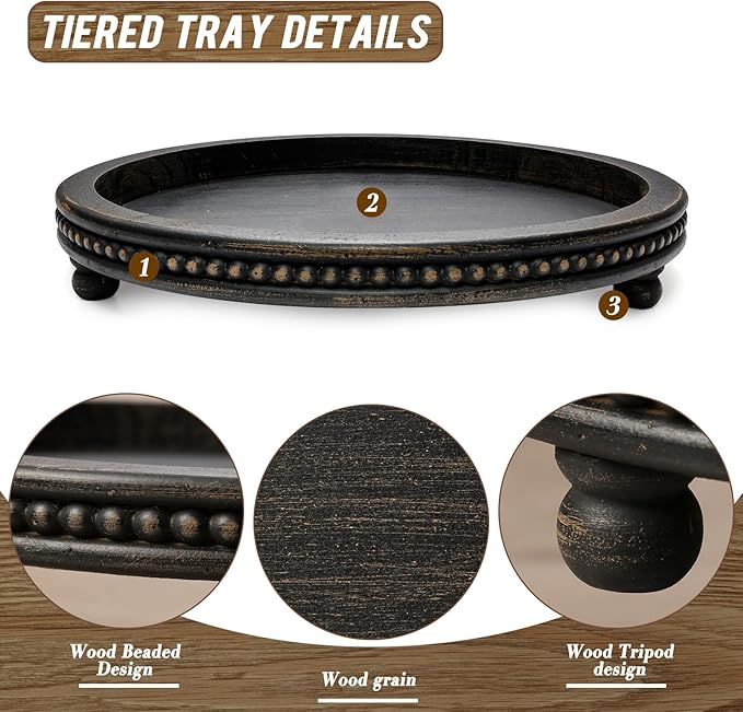 KULEDM Wooden Tray Decor, Small Beaded Coffee Table Tray Decor, Black Round Decorative Tray for Coffee Table, Dining Room Table Entryway and Living Room Table