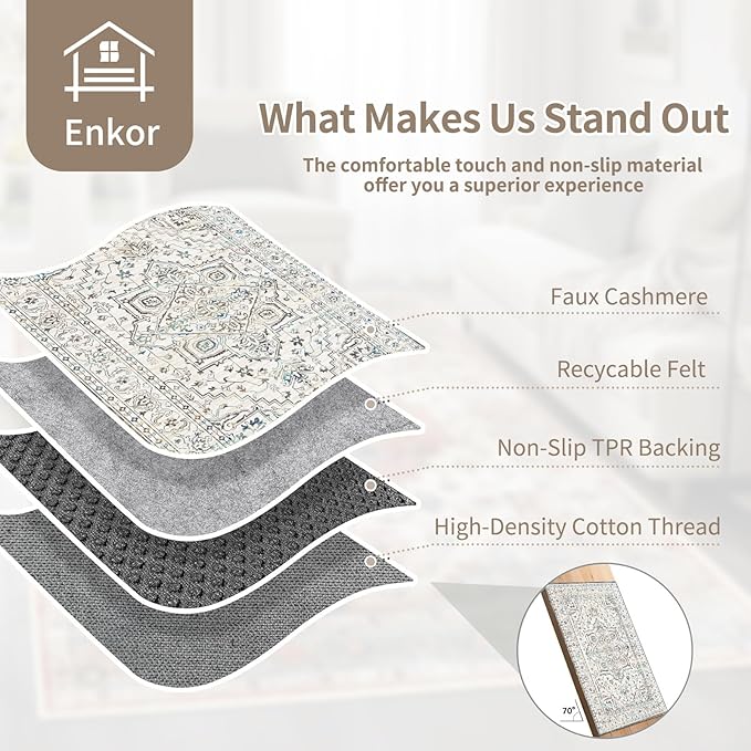 Enkor Runner Rugs for Hallway, 2x8 Washable Soft Non Slip Floor Rugs for Kitchen, Modern Mat for Living Room Bedroom Entryway White & Grey