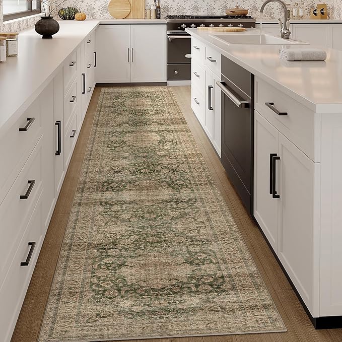 2x10 Washable Vintage Runner Rug Green Brown Hallway Kitchen Carpet Non-Slip Soft Low Pile Distressed Throw Rug for Bedroom Bathroom Laundry Living Room