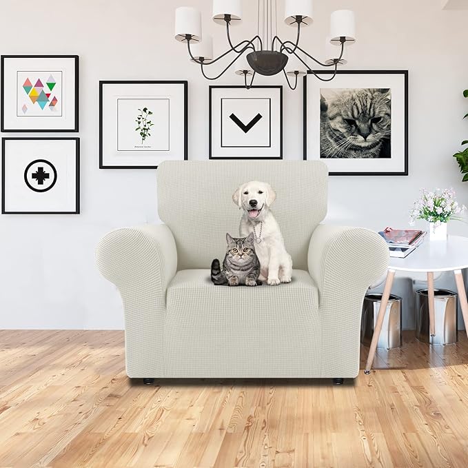 LURKA Stretch Chair Sofa Slipcovers 1 Piece Couch Covers for Sofa Furniture Protector Full Sofa Covers with Elastic Bottom for Kids and Dog (Small, Ivory)