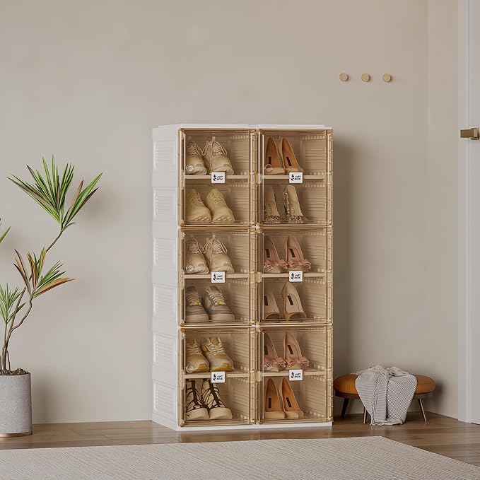 ANTBOX Shoe Organizer Storage Box, Portable Folding Shoe Rack For Closet With Magnetic Clear Door,Large Sneaker Cabinet Bins Sturdy Easy Assembly 6 Layers-12 Grids