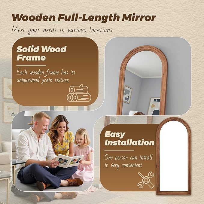 Antok Full Length Mirror with Solid Wood Frame, 81"×41" Wall Mounted Oversized Floor Mirror with Stand, Leaning Standing Hanging for Bedroom Living Room Entryway, Brown, Arched Syle