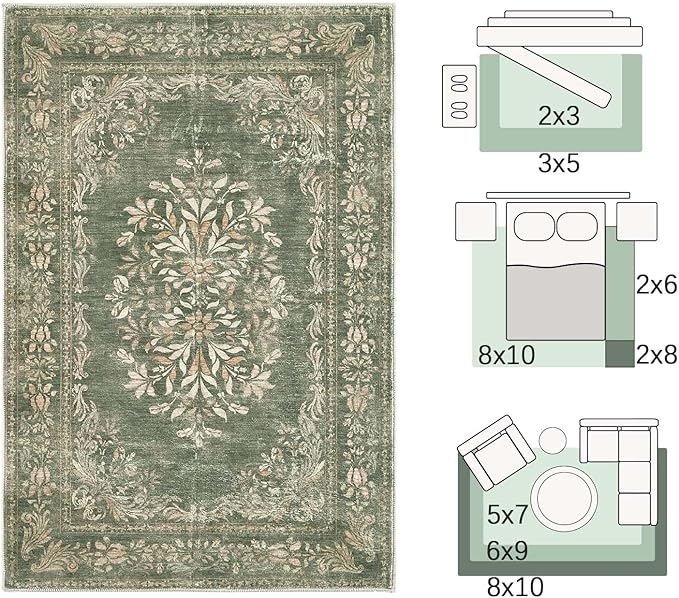 jinchan Green Floral 3x5 Area Rugs for Entryway - Machine Washable Vintage Distressed Design Low-Pile Soft Non-Shedding Carpet for Kitchen Bedroom Entrance Laundry Living Room (3x5ft,Dark Green)