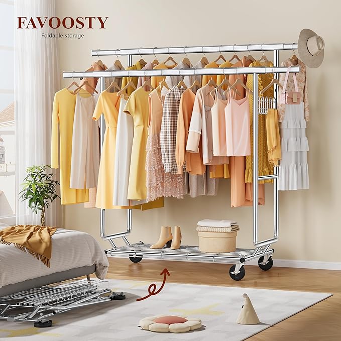 FAVOOSTY Heavy Duty Clothes Rack for Hanging Clothes Double Rods, Rolling & Extending Clothing Rack with Wheels, Garment Coat Rack Freestanding, Portable Clothes Rack, Sliver