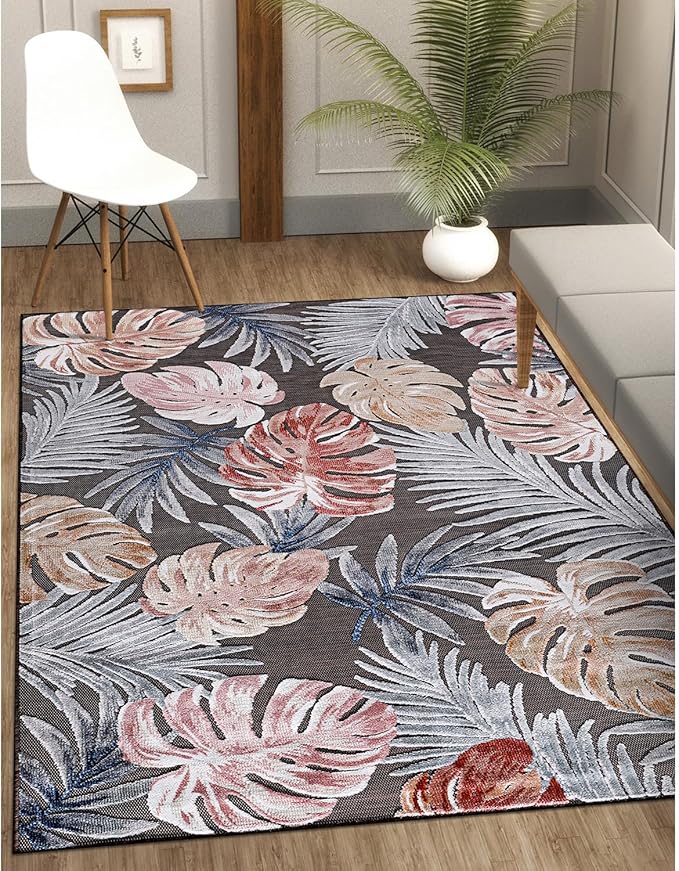CAMILSON Indoor Outdoor Rug, Brown 5x7 Leaf Tropical Botanical Area Rugs for Indoor and Outdoor patios, Easy-Cleaning Non-Shedding Living Room, Garden and Kitchen Washable Outside Carpet (5 x 7)