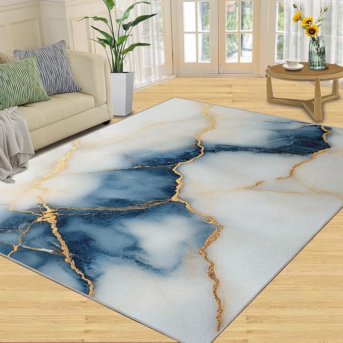 6x9 Abstract Marble Living Room Rug - Blue-White-Marble Bedroom Carpet, Luxury Stone Pattern Classroom Rug for Carpet Boy Bedroom Office Nursery Hardwood Home Decor