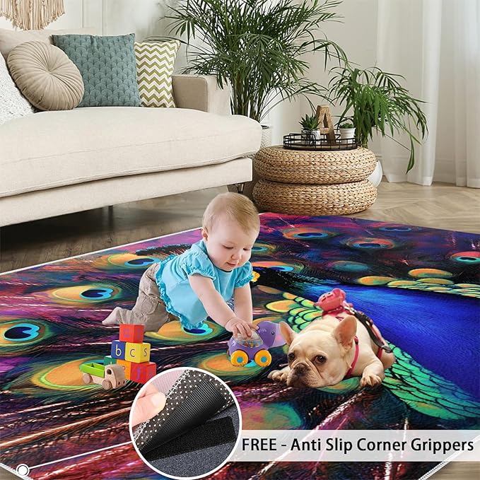 Peacock Rugs for Bedroom - 5x7 Area Rug - Watercolor Peacock Rugs for Living Room, Abstract 3D Animal Rug, Non-Slip Washable Home Decor Carpet