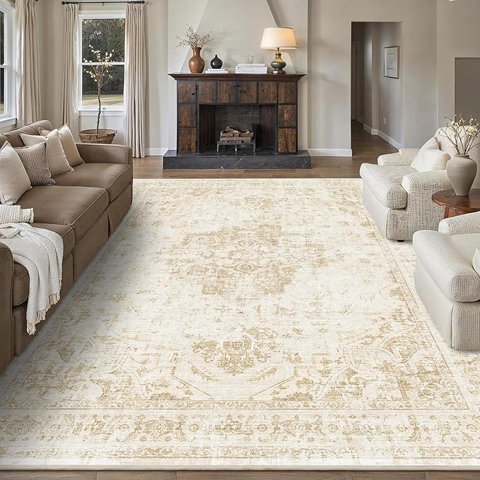 8x10 Vintage Washable Area Rugs Boho Medallion Large Distressed Retro Accent Carpet Floral Non-Slip Soft Low Pile Indoor Throw Rug for Living Room Bedroom Dining Room Office Kitchen, Beige