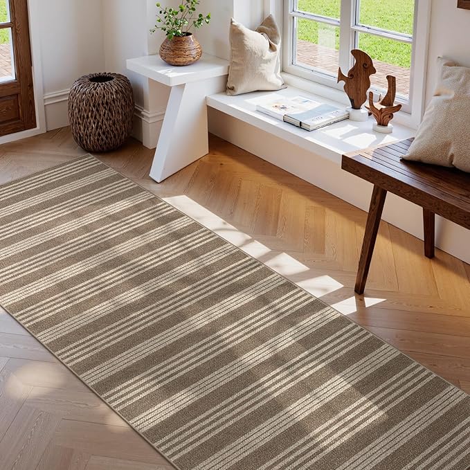 Lahome Striped Washable Runner Rug, 2x8 Easy Jute Hallway Kitchen Runner, Farmhouse Non Slip Non Shedding Indoor Outdoor Carpet for Entry Corridor Foyer, Khaki