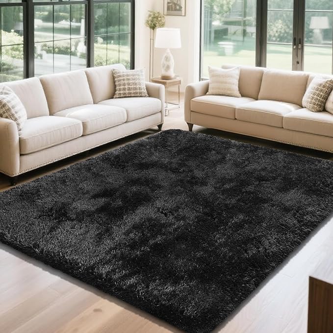 Fluffy Rug Shaggy Area Rug, Black 4x6 Area Rugs for Bedroom, Small Bedside Rug, Soft Fluffy Shaggy Entryway Throw Rugs for Living Room Bedroom Kids Room Home Decor