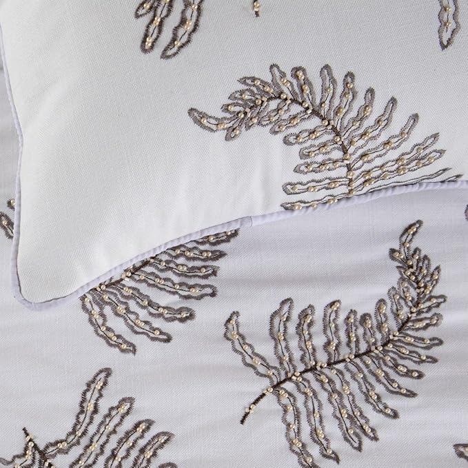 The HomeCentric White Bed Runner, King Size 90"x18" Decorative Bed Runner with 2 Matching Pillow Cover, White Linen Bed Scarf in Fern Embroidery & Pearl - Fern Blossom