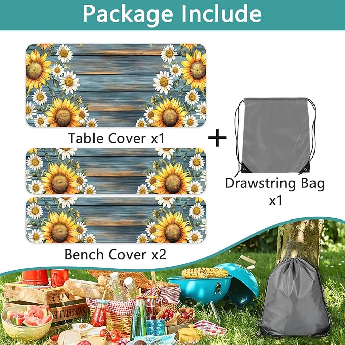 Picnic Table Cover with Bench Covers Camping Essentials Waterproof Windproof Camping Tablecloth with Drawstring Bag, Fitted Rectangle Tables and Seats, 96in, Teal Wooden Sunflower