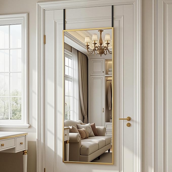 Antok 58''x 20'' Full Length Mirror Over Door, 4-in-1 Standing Leaning Wall Mounted, Adjustable Hanging Mirror for Bedroom Living Room, Gold, Rect Corner