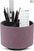 Round Leather Art Supply Organizer,Remote Control Holder,360 Degree Spinning,Multi-Functional Pencil Holder,4 Compartments Desktop Stationary Organizer(1-Wood Soil)