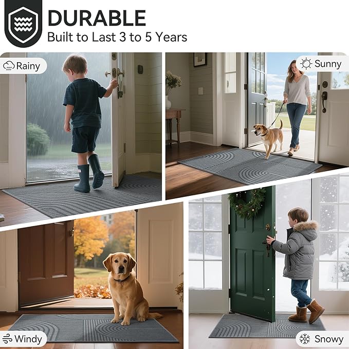 Front Door Mat 24''x35'', Absorbent Muddy Dirt Resist Washable Non Slip Low-Profile Indoor Doormat, Easy Clean Welcome Entryway Door Mats, Grey