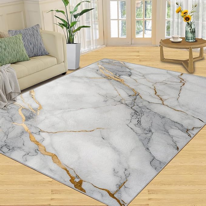 4x5 Abstract Marble Indoor Outdoor Rug - White-Marble Bedside Rug, Modern Luxury Washable Entry Way Rugs Kids Carpet for Inside House Playroom Living Room End Table Nursery