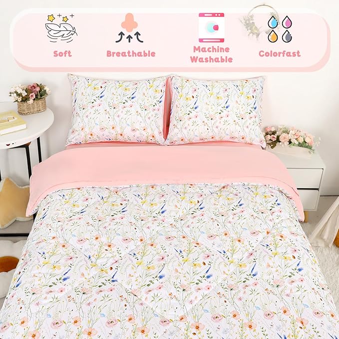 Twin Size Toddler Bedding Set for Girls- 5 Piece Toddler Girl Bedding, Super Soft & Lightweight Toddler Comforter Set Includes Comforter, Flat Sheet, Fitted Sheet, Pillowcase (Pink Flowers)