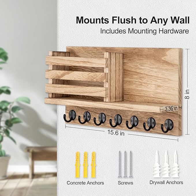 Lwenki Key Holder for Wall – Decorative Wooden Mail Holder and Key Shelf with Mounting Hardware, Installation Guide – Paulownia Wood with Metal Key Hooks (Wood, Extra Large - 15.6inch)