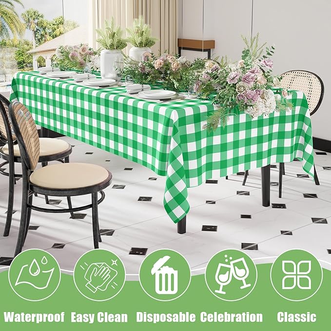 Smiry 3 Pack Green Gingham Disposable Tablecloths - 54" x 108" Heavy Duty Plastic Table Cloth, Waterproof Buffalo Plaid Table Covers for St. Patrick's Day, Banquets, Parties