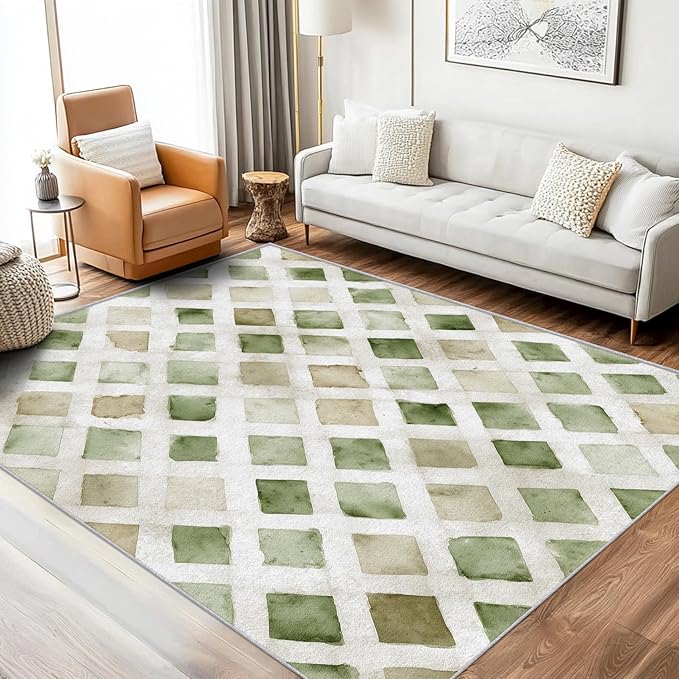 Checkered Rug, Washable 5x7 Rug for Living Room, Geometric Rhombus Patterned Indoor Carpet, Checkered Decor for Home, Bedroom, Soft Non Slip Thin Design FER38