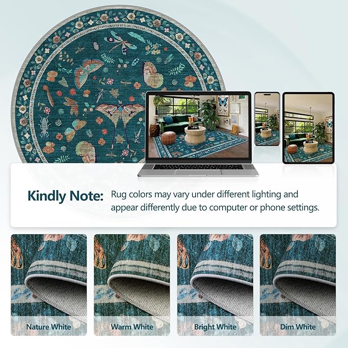 4ft Washable Round Rug - Bug Rugs for Living Room Non-Slip Low Pile Soft Ultra-Thin Machine Washable Circle Carpet for Bedroom, Entryway, Nursery, Kitchen, Home Office (4' Round Teal)