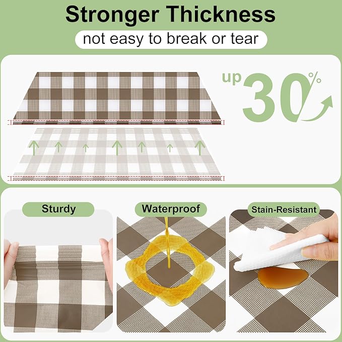 Smiry 3 Pack Brown Gingham Disposable Tablecloths - 54" x 108" Heavy Duty Plastic Table Cloth, Waterproof Buffalo Plaid Table Covers for Picnic, Banquets, Outdoor Parties
