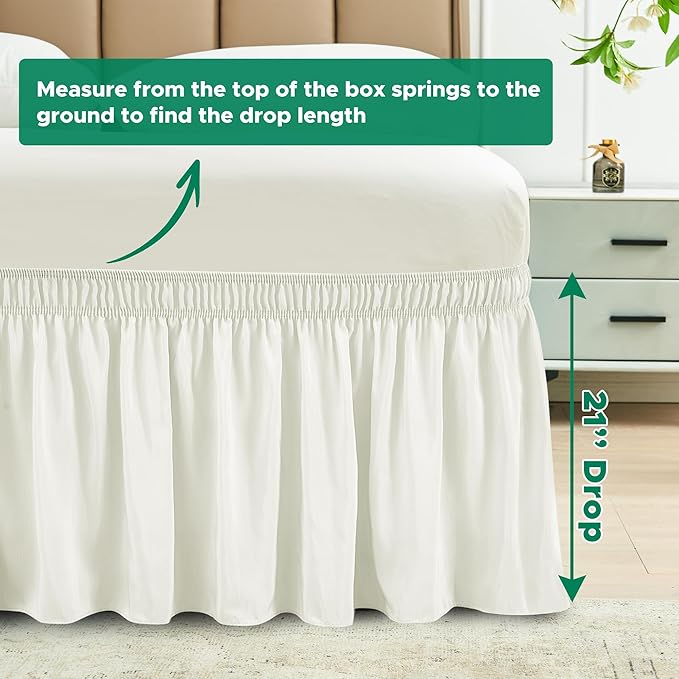 Biscaynebay Wrap Around Bed Skirts for King & Cal King Beds 21" Long Drop, Ivory Adjustable Elastic Dust Ruffles Easy Fit Wrinkle Resistant Silky Luxurious Fabric Machine Washable