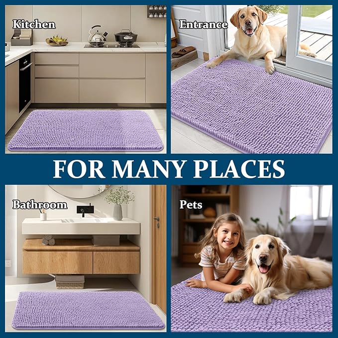 OLANLY Dog Door Mat for Muddy Paws 36x24, Absorbs Moisture and Dirt, Absorbent Non-Slip Washable Doormat, Quick Dry Chenille Mud Mat for Dogs, Entry Indoor Entryway Carpet for Inside Floor, Lavender