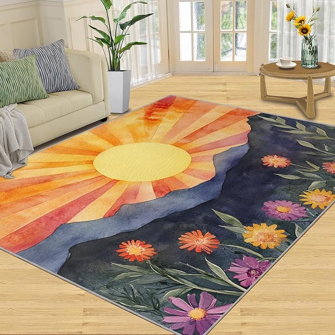 Boho Sun Area Rugs 3x4ft, Radiant Sunburst Kids Bedroom Rug, Geometric Solar Bedside Rug Durable Non Slip for Cafe Living Room Under Table Boys Room Decor