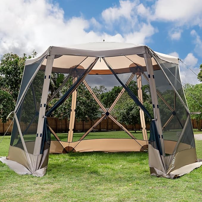 EVER ADVANCED Pop up Screen House Tent for Camping 11.5 x 9.8 ft, Instant Screened Gazebo Canopy with Netting, Portable Shelter Enclosure for Outdoor, Backyard, Khaki
